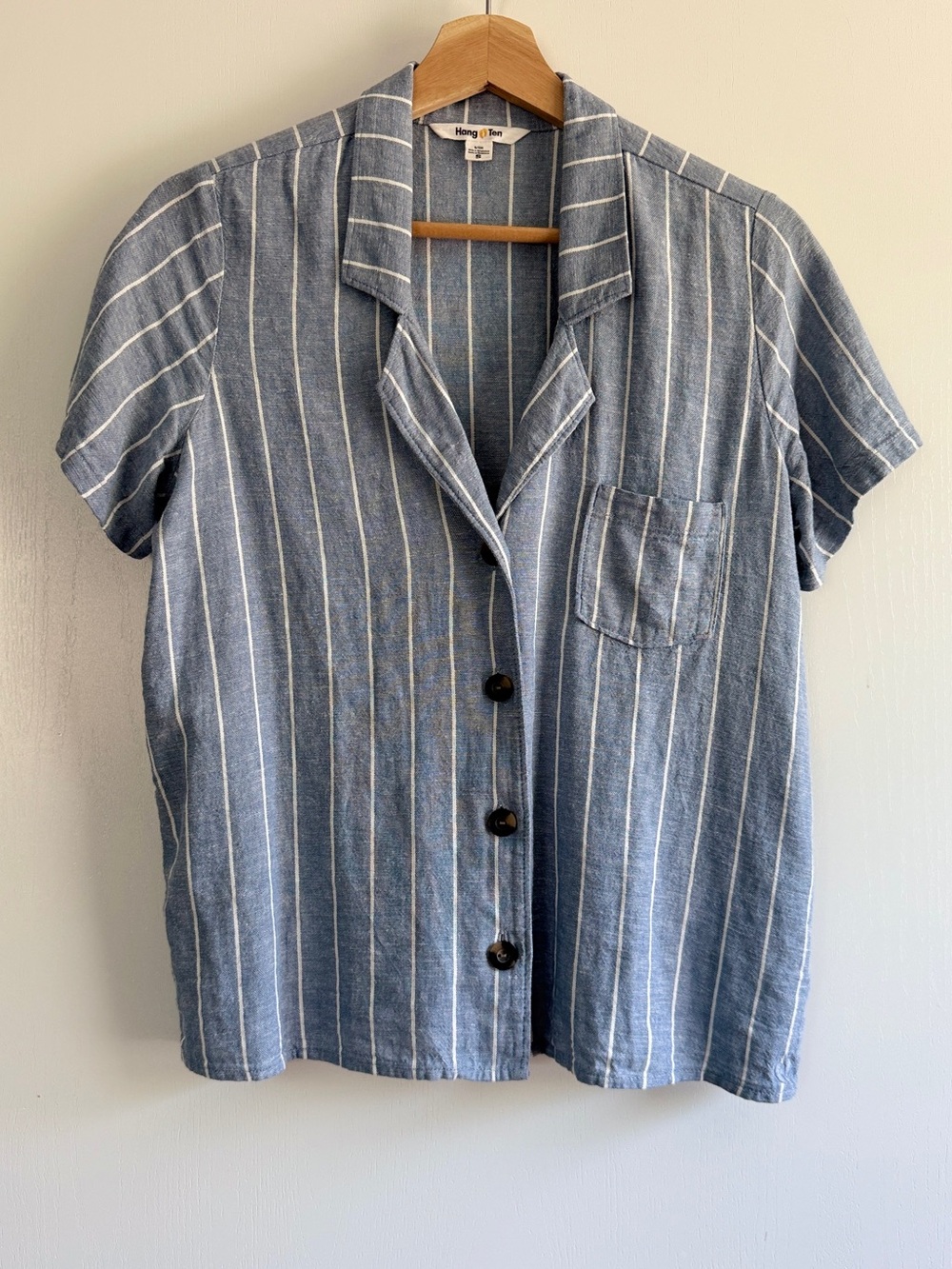 Hang Ten Blue and White Vertical Stripe Short Sleeve Button Shirt